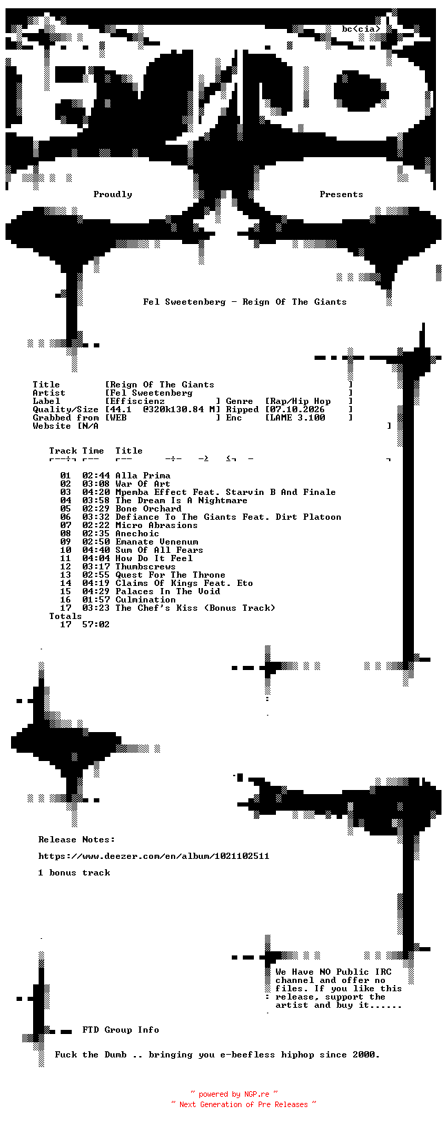 NFO for the release Fel_Sweetenberg-Reign_Of_The_Giants-Deluxe_Edition-WEB-2026-FTD by FTD