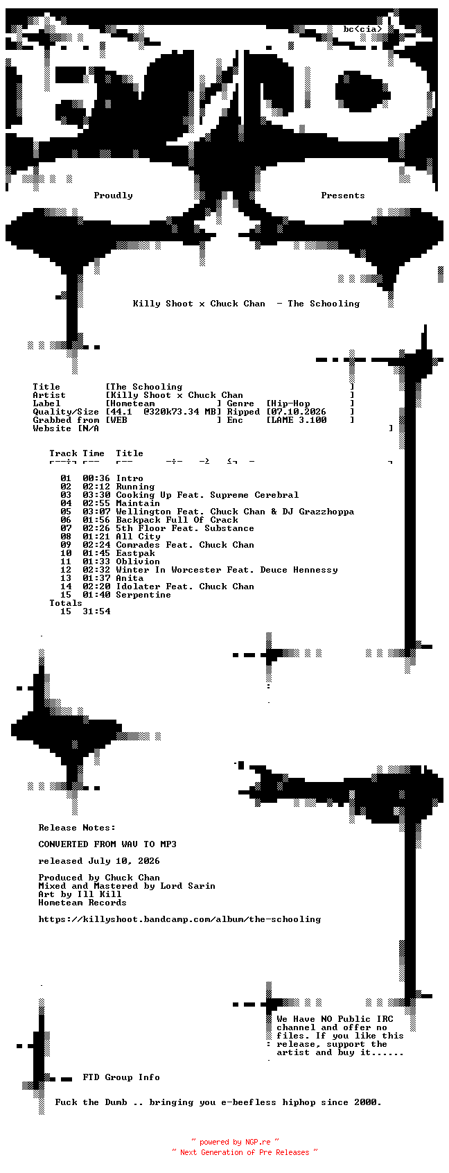 NFO for the release Killy_Shoot_x_Chuck_Chan-The_Schooling-WEB-2026-FTD by FTD