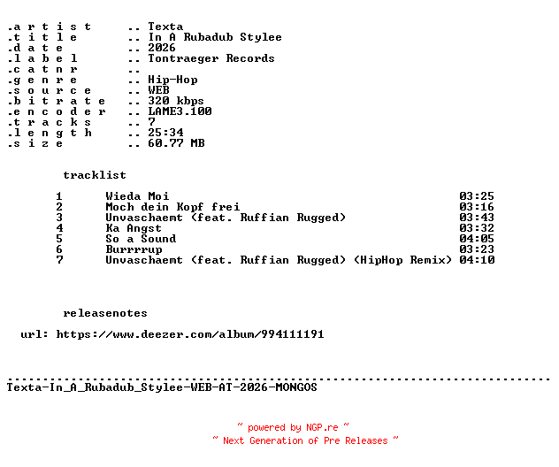 NFO for the release Texta-In_A_Rubadub_Stylee-WEB-AT-2026-MONGOS by MONGOS