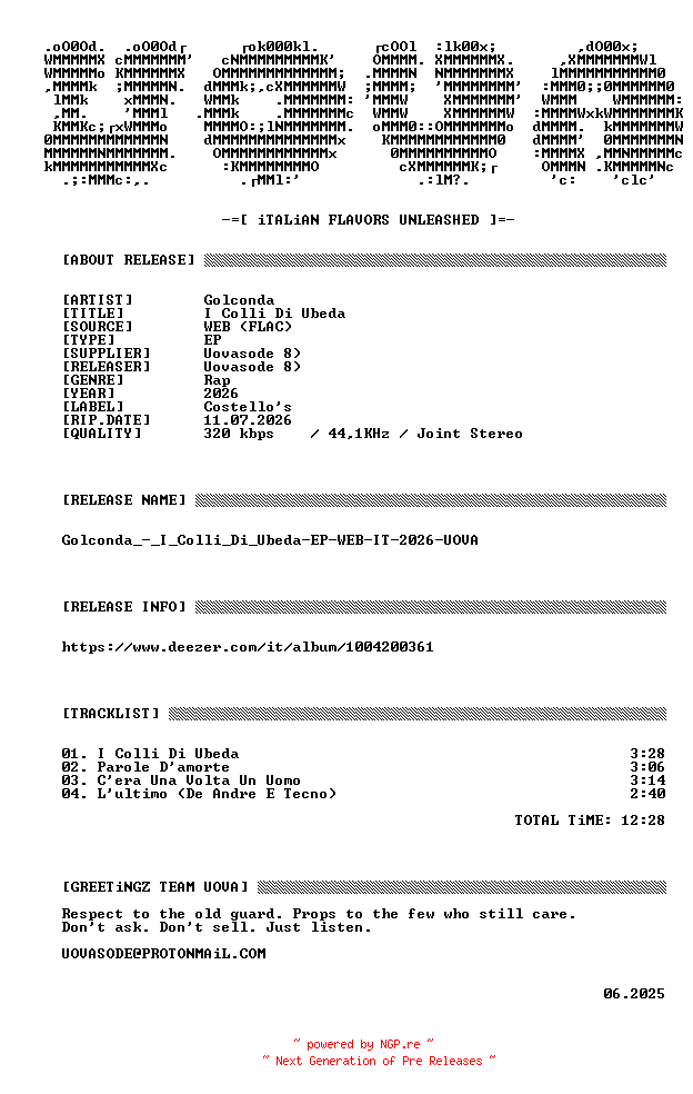 NFO for the release Golconda_-_I_Colli_Di_Ubeda-EP-WEB-IT-2026-UOVA by UOVA