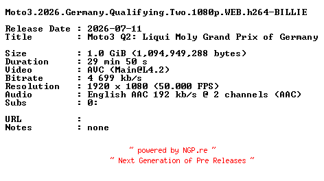 NFO for the release Moto3.2026.Germany.Qualifying.Two.1080p.WEB.h264-BILLIE by BILLIE