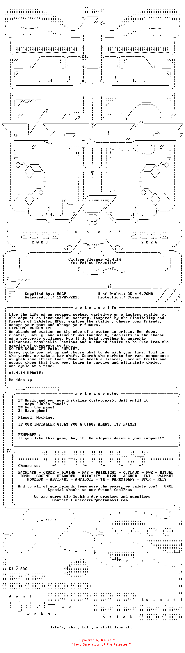NFO for the release Citizen_Sleeper_v1.4.14-VACE by VACE