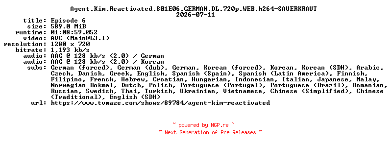NFO for the release Agent.Kim.Reactivated.S01E06.GERMAN.DL.720p.WEB.h264-SAUERKRAUT by SAUERKRAUT