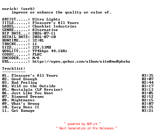 NFO for the release Ultra_Lights-Pleasures_All_Yours-16BIT-WEB-FLAC-2026-ENRiCH by ENRiCH