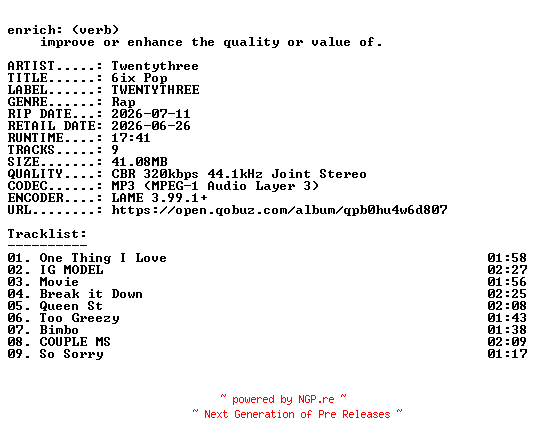NFO for the release Twentythree-6ix_Pop-WEB-2026-ENRiCH by ENRiCH