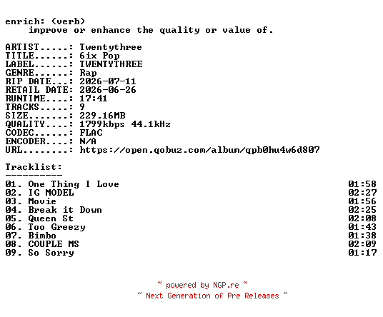 NFO for the release Twentythree-6ix_Pop-24BIT-WEB-FLAC-2026-ENRiCH by ENRiCH
