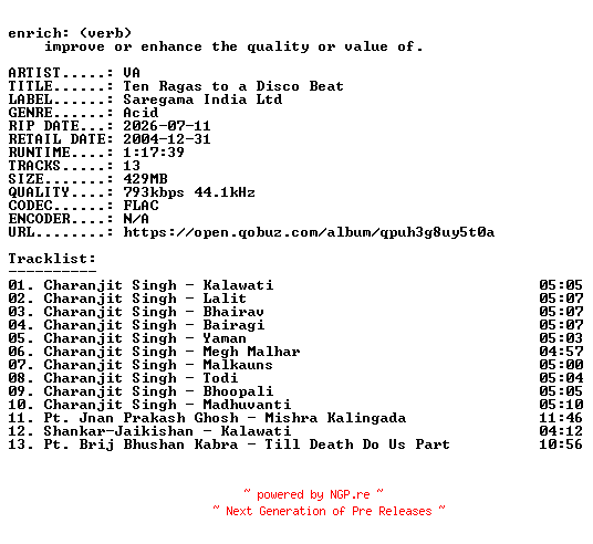 NFO for the release VA-Ten_Ragas_to_a_Disco_Beat-16BIT-WEB-FLAC-2024-ENRiCH by ENRiCH