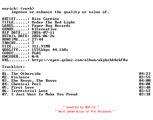 NFO for the release Rise_Carmine-Under_The_Red_Light-24BIT-WEB-FLAC-2026-ENRiCH by ENRiCH