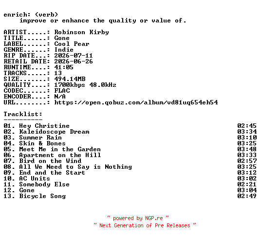 NFO for the release Robinson_Kirby-Gone-24BIT-WEB-FLAC-2026-ENRiCH by ENRiCH