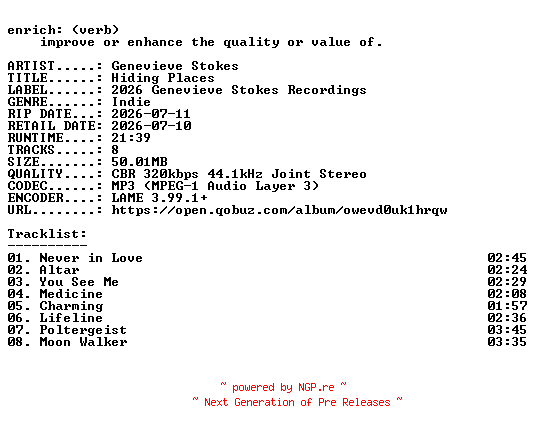 NFO for the release Genevieve_Stokes-Hiding_Places-WEB-2026-ENRiCH by ENRiCH