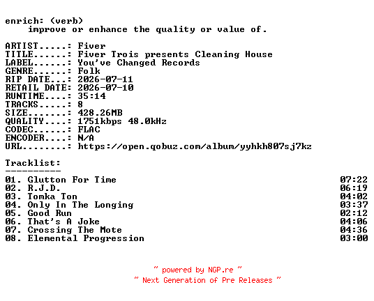 NFO for the release Fiver-Fiver_Trois_presents_Cleaning_House-24BIT-WEB-FLAC-2026-ENRiCH by ENRiCH