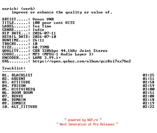 NFO for the release Venus_VNR-100_pour_cent_HITS-WEB-FR-2026-ENRiCH by ENRiCH