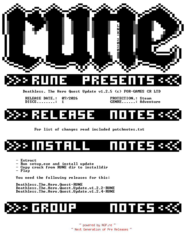 NFO for the release Deathless.The.Hero.Quest.Update.v1.2.5-RUNE by RUNE
