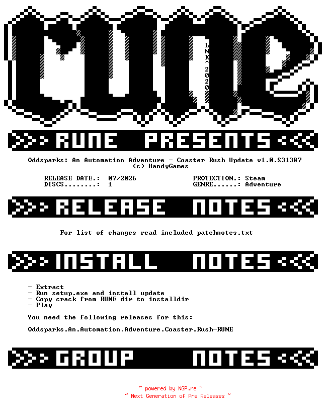 NFO for the release Oddsparks.An.Automation.Adventure.Coaster.Rush.Update.v1.0.S31387-RUNE by RUNE