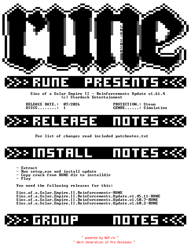 NFO for the release Sins.of.a.Solar.Empire.II.Reinforcements.Update.v1.61.4-RUNE by RUNE