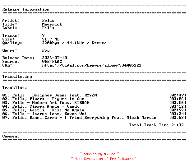 NFO for the release Fells-Maverick-WEB-2026-PIZZA by PIZZA