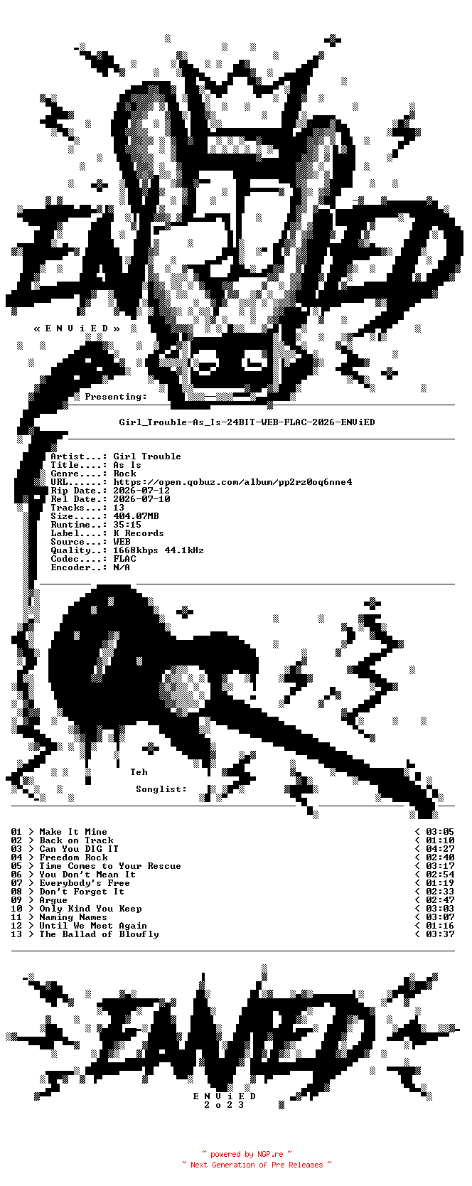 NFO for the release Girl_Trouble-As_Is-24BIT-WEB-FLAC-2026-ENViED by ENViED