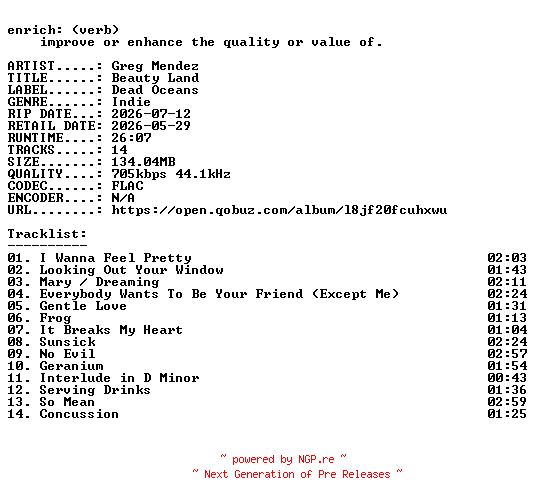 NFO for the release Greg_Mendez-Beauty_Land-16BIT-WEB-FLAC-2026-ENRiCH by ENRiCH