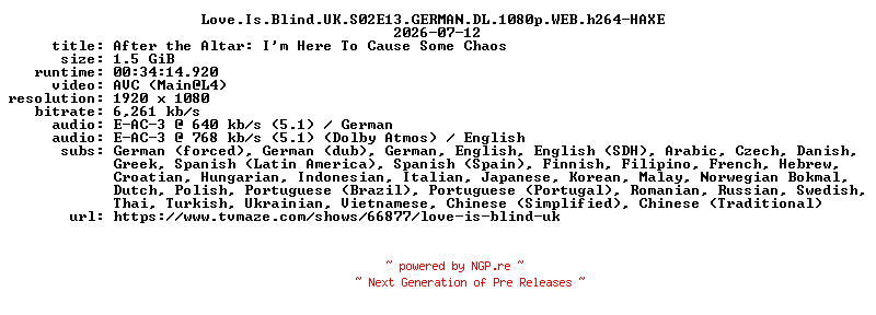NFO for the release Love.Is.Blind.UK.S02E13.GERMAN.DL.1080p.WEB.h264-HAXE by HAXE