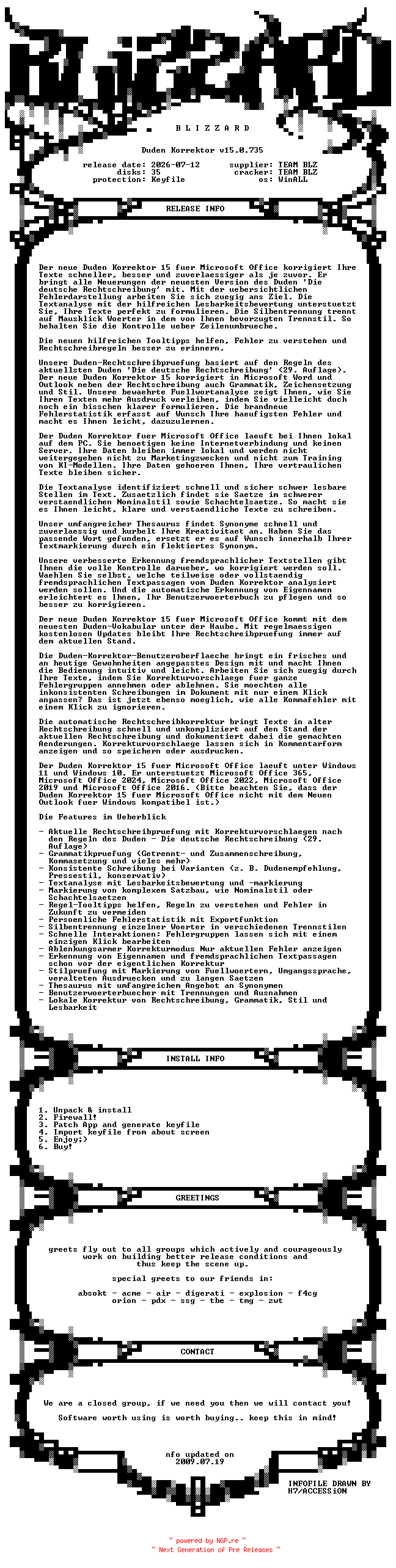 NFO for the release Duden.Korrektor.v15.0.735.GERMAN.WinALL.Incl.Keygen.Patch-BLiZZARD by BLiZZARD