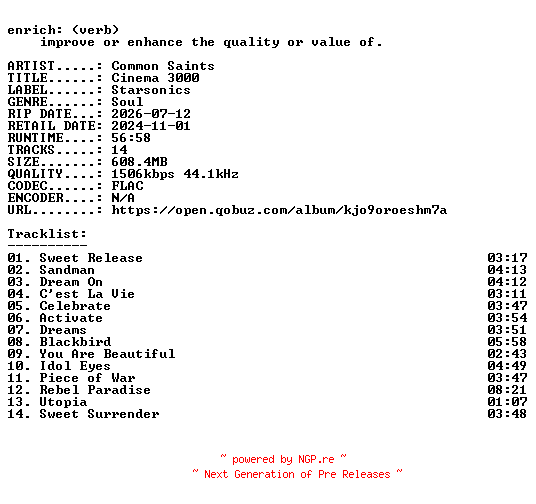 NFO for the release Common_Saints-Cinema_3000-24BIT-WEB-FLAC-2024-ENRiCH by ENRiCH