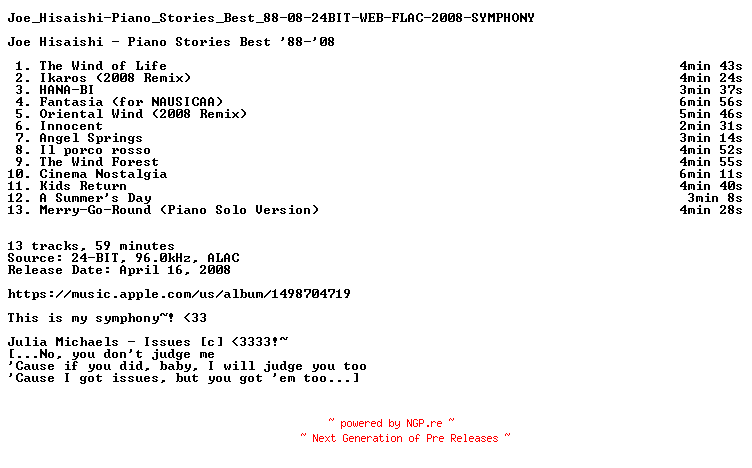 NFO for the release Joe_Hisaishi-Piano_Stories_Best_88-08-24BIT-WEB-FLAC-2008-SYMPHONY by SYMPHONY