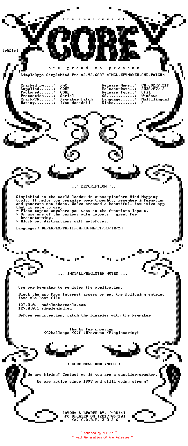 NFO for the release SimpleApps.SimpleMind.Pro.v2.92.6637.Multilingual.Incl.Keymaker.and.Patch-CORE by CORE