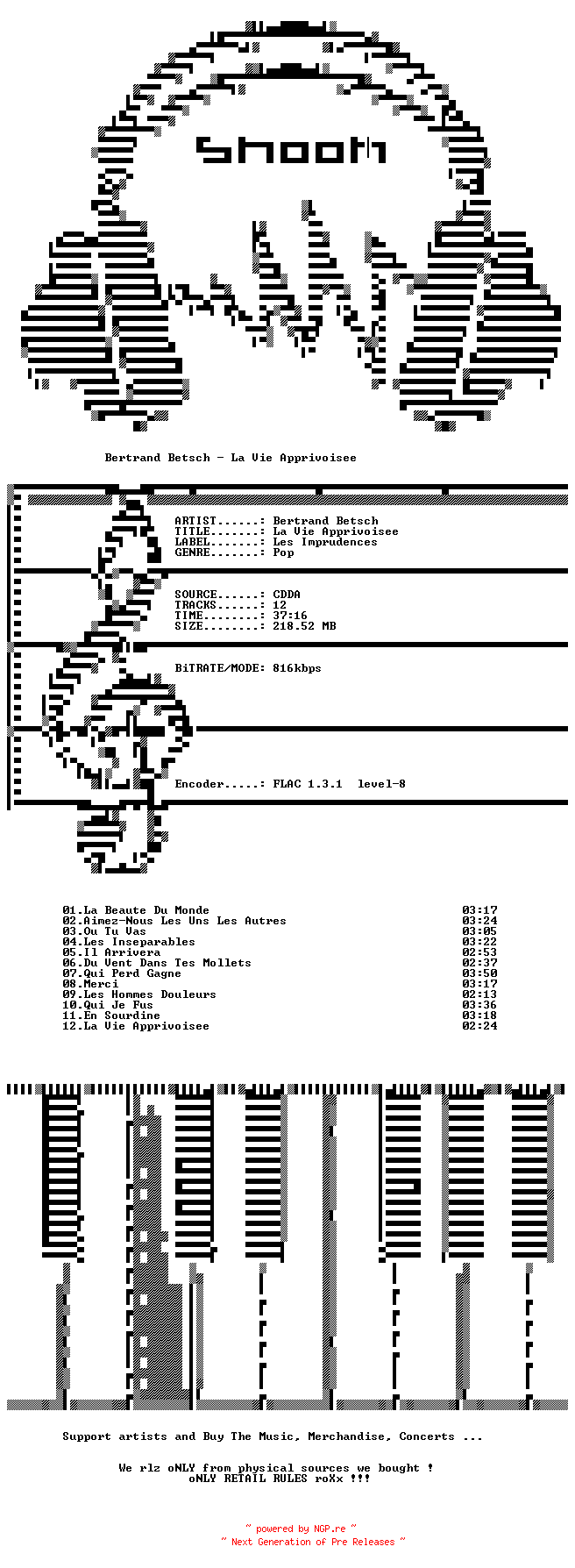NFO for the release Bertrand_Betsch-La_Vie_Apprivoisee-FR-CD-FLAC-2016-SNOOK by SNOOK