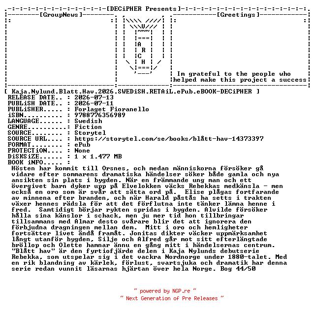 NFO for the release Kaja.Nylund.Blatt.Hav.2026.SWEDiSH.RETAiL.ePub.eBOOK-DECiPHER by DECiPHER