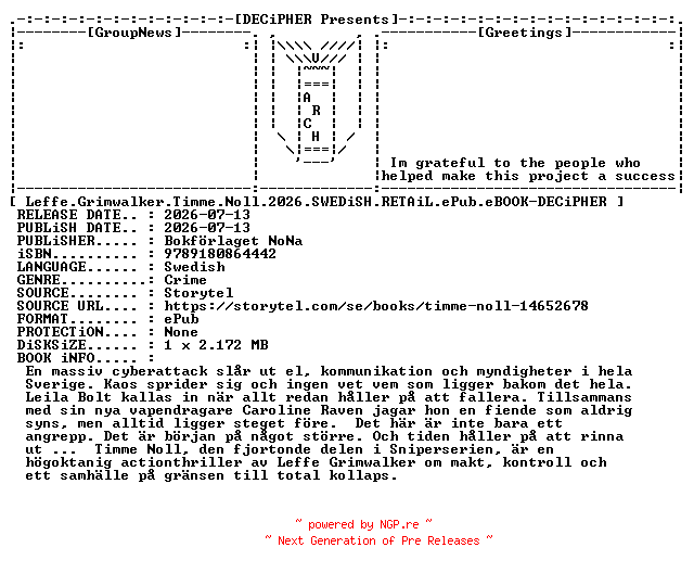 NFO for the release Leffe.Grimwalker.Timme.Noll.2026.SWEDiSH.RETAiL.ePub.eBOOK-DECiPHER by DECiPHER