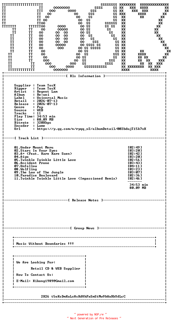 NFO for the release Regent_Lam-Reuni-WEB-CN-2026-TosK by TosK
