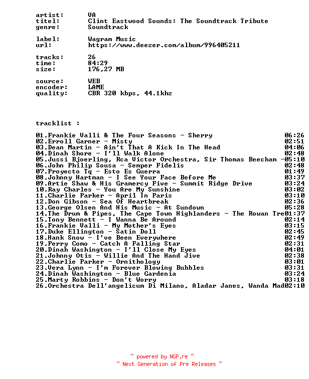 NFO for the release VA_-_Clint_Eastwood_Sounds_The_Soundtrack_Tribute-WEB-2026-BITCOINS by BITCOINS