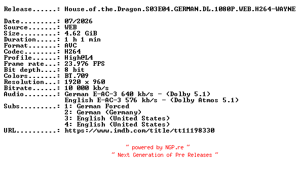 NFO for the release House.of.the.Dragon.S03E04.GERMAN.DL.1080P.WEB.H264-WAYNE by WAYNE