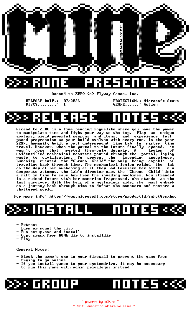 NFO for the release Ascend.to.ZERO-RUNE by RUNE
