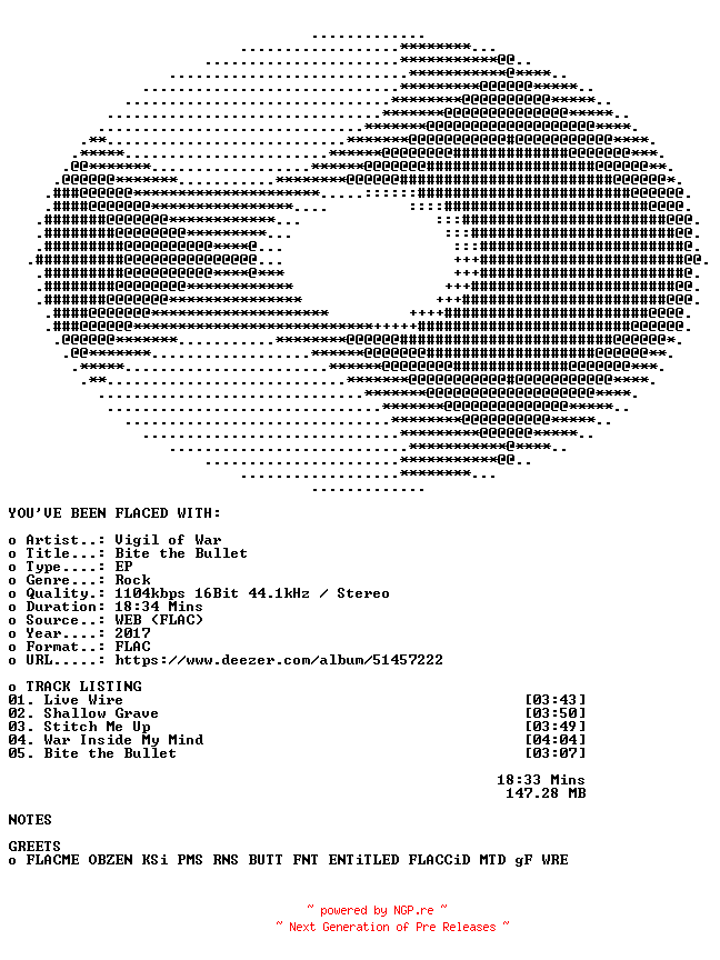 NFO for the release Vigil_of_War-Bite_the_Bullet-EP-16BIT-WEB-FLAC-2017-FLACED by FLACED