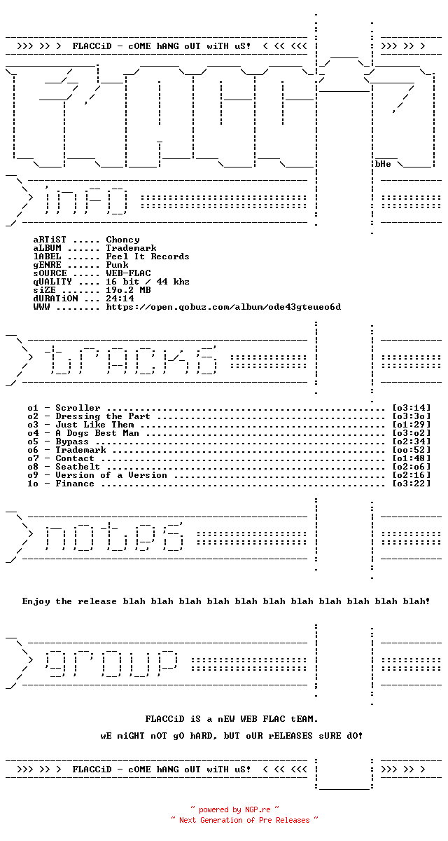 NFO for the release Choncy-Trademark-16BIT-WEB-FLAC-2026-FLACCiD by FLACCiD
