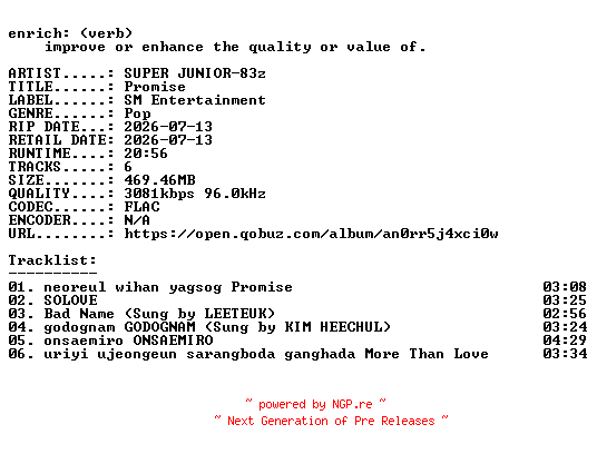 NFO for the release SUPER_JUNIOR-83z-Promise-KR-EP-24BIT-WEB-FLAC-2026-ENRiCH by ENRiCH