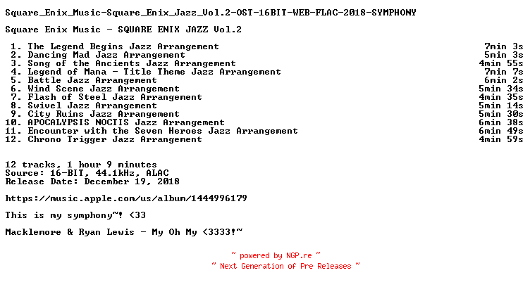 NFO for the release Square_Enix_Music-Square_Enix_Jazz_Vol.2-OST-16BIT-WEB-FLAC-2018-SYMPHONY by SYMPHONY