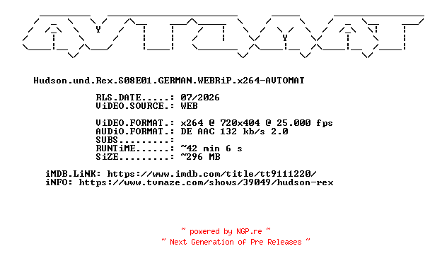 NFO for the release Hudson.und.Rex.S08E01.GERMAN.WEBRiP.x264-AVTOMAT by AVTOMAT