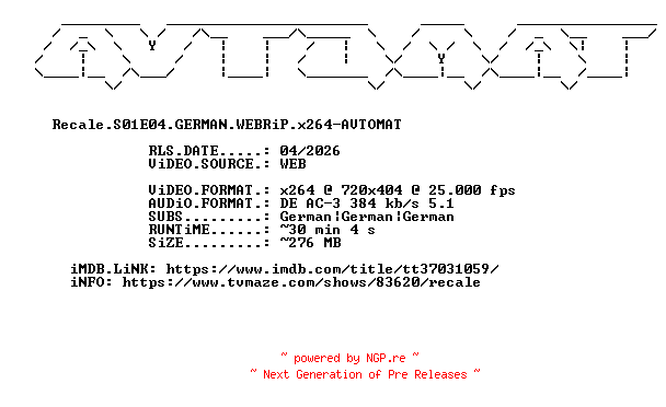 NFO for the release Recale.S01E04.GERMAN.WEBRiP.x264-AVTOMAT by AVTOMAT