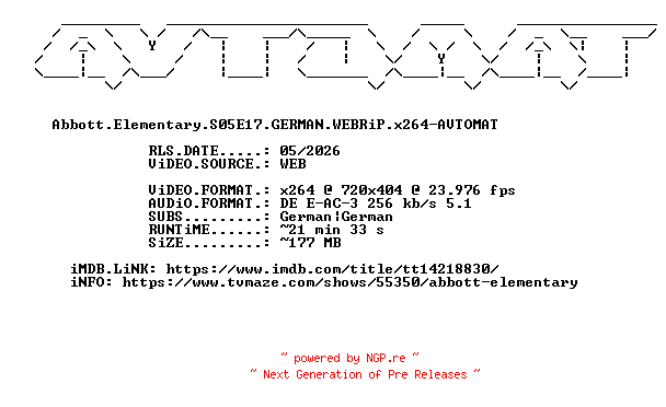 NFO for the release Abbott.Elementary.S05E17.GERMAN.WEBRiP.x264-AVTOMAT by AVTOMAT