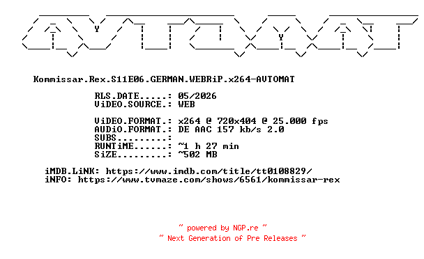 NFO for the release Kommissar.Rex.S11E06.GERMAN.WEBRiP.x264-AVTOMAT by AVTOMAT