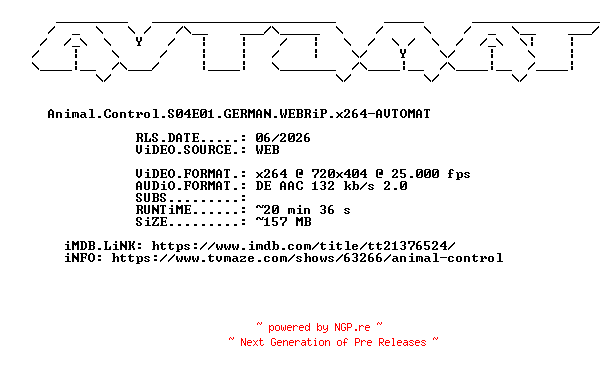 NFO for the release Animal.Control.S04E01.GERMAN.WEBRiP.x264-AVTOMAT by AVTOMAT