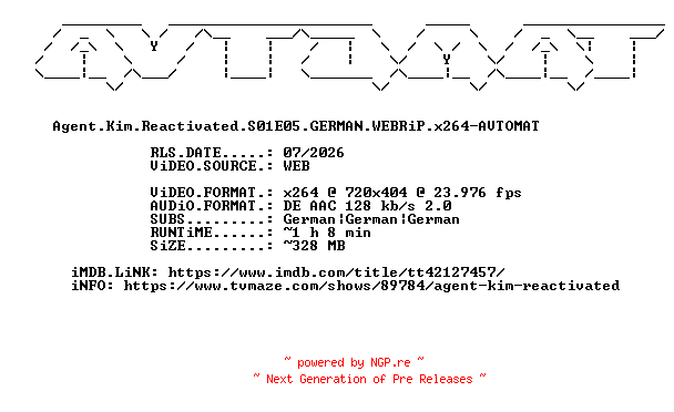 NFO for the release Agent.Kim.Reactivated.S01E05.GERMAN.WEBRiP.x264-AVTOMAT by AVTOMAT