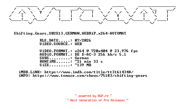 NFO for the release Shifting.Gears.S02E13.GERMAN.WEBRiP.x264-AVTOMAT by AVTOMAT