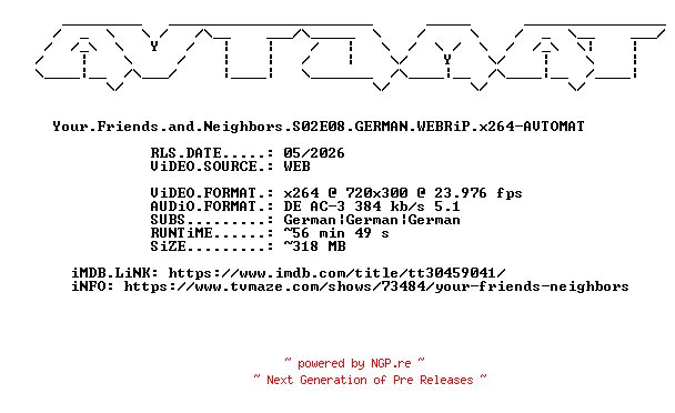 NFO for the release Your.Friends.and.Neighbors.S02E08.GERMAN.WEBRiP.x264-AVTOMAT by AVTOMAT