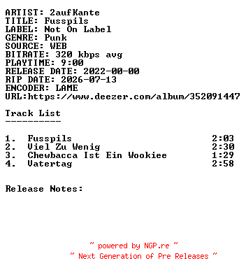 NFO for the release 2aufKante-Fusspils-WEB-DE-2022-SDR by SDR