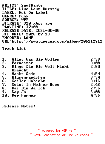 NFO for the release 2aufKante-Live-Laut-Durstig-WEB-DE-2021-SDR by SDR