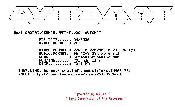 NFO for the release Beef.S02E05.GERMAN.WEBRiP.x264-AVTOMAT by AVTOMAT