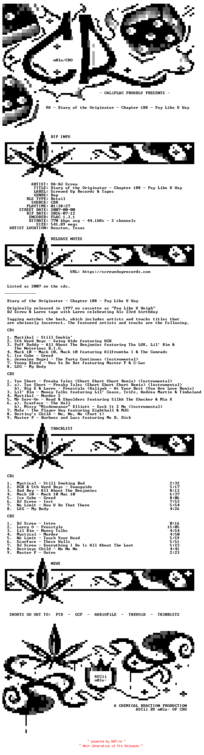 NFO for the release VA-DJ_Screw-Diary_Of_The_Originator_Chapter_188-Pay_Like_U_Way-Reissue-2CDR-FLAC-2007-CALiFLAC by CALiFLAC